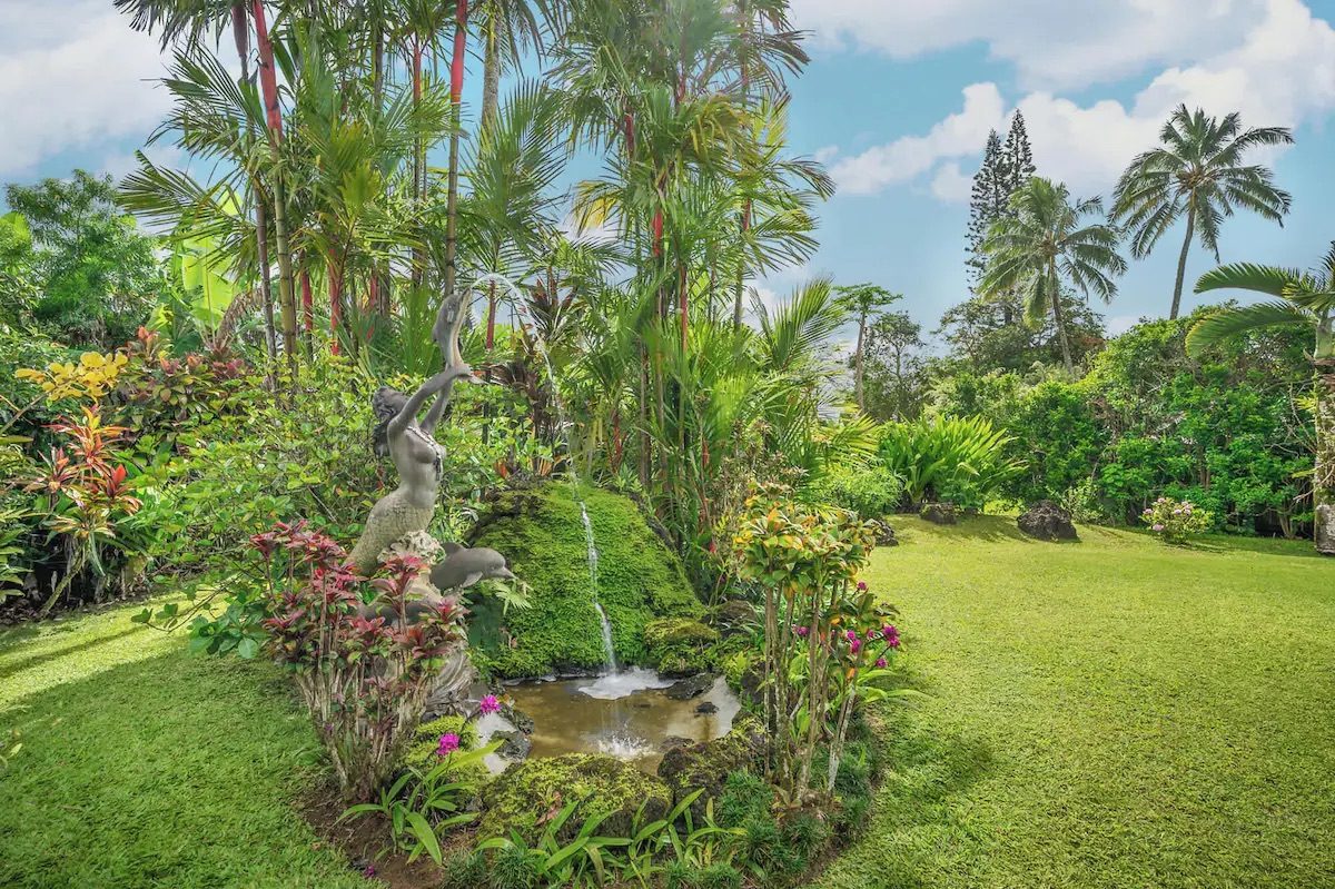 The tropical garden and lawn with a stone water feature, heliconia and palms.