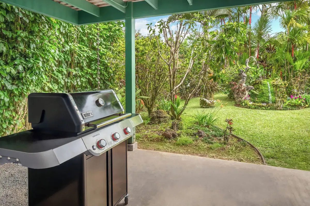 Gas barbecue grill on the lawn beside the lanai.